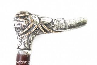 Antique  R. F. Simmons Co. Sterling Silver Weighted Figural Cane Handle Decorated with Spider and Gold Accents.  Engraved with the original owner's name and address.  Chicago.  