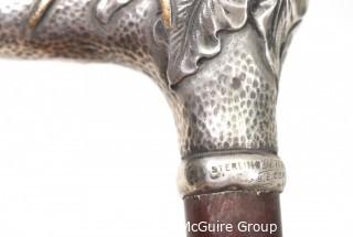 Antique  R. F. Simmons Co. Sterling Silver Weighted Figural Cane Handle Decorated with Spider and Gold Accents.  Engraved with the original owner's name and address.  Chicago.  