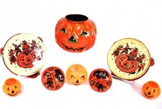 Vintage Halloween Decorations Including US Metal Toy.