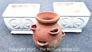 Three (3) Garden Planters Including Two Cement and One Terracotta Clay.