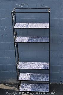 Five (5) Shelf Metal Frame Etagere with Hand Painted Mexican Tile Shelfs. 13" x 32" x 82".