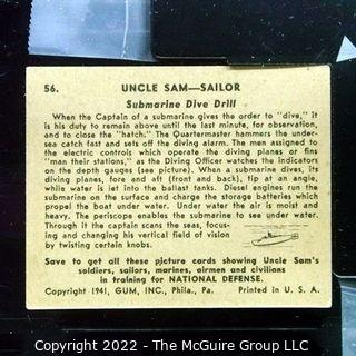 Selection of Five Uncle Sam - Sailor trading cards (1941) by Gum: #'s 13, 55, 56,57, 59. See titles