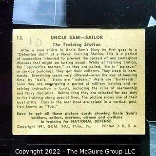 Selection of Five Uncle Sam - Sailor trading cards (1941) by Gum: #'s 13, 55, 56,57, 59. See titles