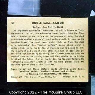 Selection of Five Uncle Sam - Sailor trading cards (1941) by Gum: #'s 13, 55, 56,57, 59. See titles