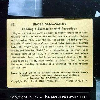 Selection of Five Uncle Sam - Sailor trading cards (1941) by Gum: #'s 13, 55, 56,57, 59. See titles