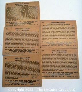 Selection of Five Uncle Sam - Sailor trading cards (1941) by Gum: #'s 13, 55, 56,57, 59. See titles