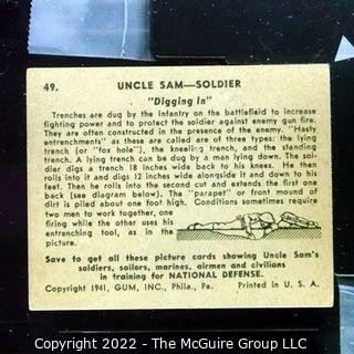 Selection of Three Uncle Sam - Soldier trading cards (1941) by Gum: #'s 49, 52, 53. See titles