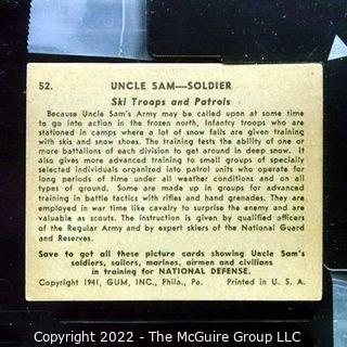 Selection of Three Uncle Sam - Soldier trading cards (1941) by Gum: #'s 49, 52, 53. See titles