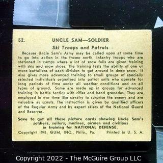 Selection of Three Uncle Sam - Soldier trading cards (1941) by Gum: #'s 49, 52, 53. See titles