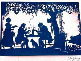 Five (5) Framed Under Glass Scherenschnitt (Paper Cut Out Silhouette), Signed by Artist Lotte Gützlaff 