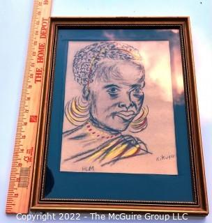 Framed Under Glass Original Crayon on Paper of African Woman. Signed by Artist