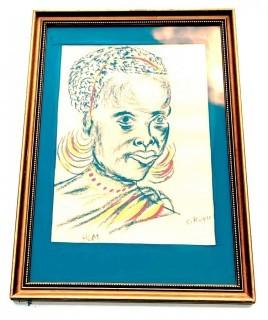 Framed Under Glass Original Crayon on Paper of African Woman. Signed by Artist