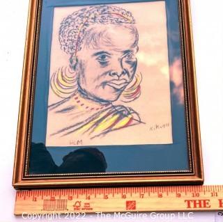 Framed Under Glass Original Crayon on Paper of African Woman. Signed by Artist