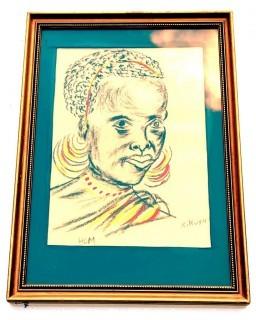 Framed Under Glass Original Crayon on Paper of African Woman. Signed by Artist