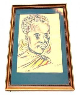 Framed Under Glass Original Crayon on Paper of African Woman. Signed by Artist