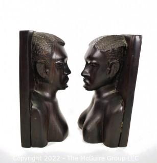 Pair of Vintage Hand Carved Tribal African Ebony Wood Bookends.  10" H.
