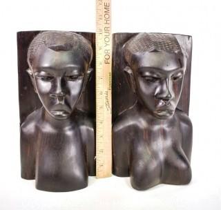 Pair of Vintage Hand Carved Tribal African Ebony Wood Bookends.  10" H.
