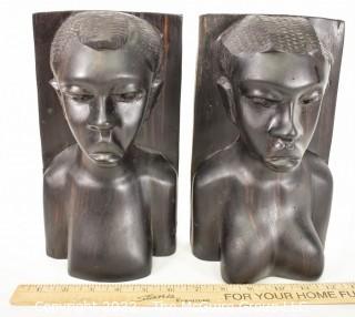 Pair of Vintage Hand Carved Tribal African Ebony Wood Bookends.  10" H.
