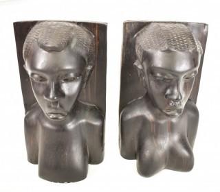 Pair of Vintage Hand Carved Tribal African Ebony Wood Bookends.  10" H.
