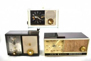 Three (3) Mid Century Arvin Electric Transistor AM/FM Clock Radios.  Some with damage.