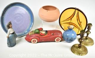 Selection of Brass and Ceramic items: Candle holders, plates, figurines 