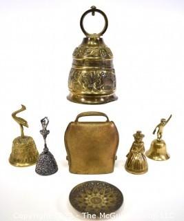 Six (6) Brass Bells and Dish