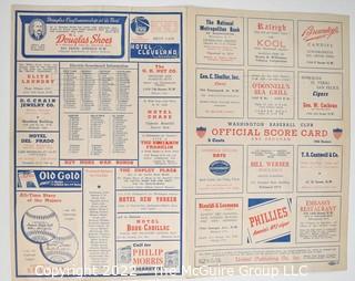 1944 Scorecard for The Washington Senators vs Boston Red Sox at Griffiths Stadium. DC Sports Memorabilia 