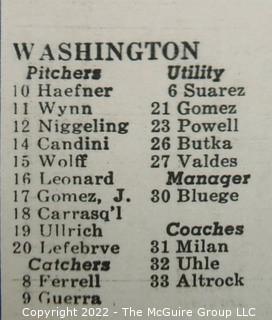 1944 Scorecard for The Washington Senators vs Boston Red Sox at Griffiths Stadium. DC Sports Memorabilia 