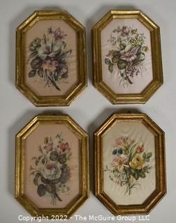 Set of Four (4) Gilt Florentine Framed Under Glass Flemish School Flowers on Silk Signed by Artist, Made in Florence, Italy.