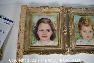 Pair of Original Amatuer Oil on Board Portraits of a Boy and Girl. 