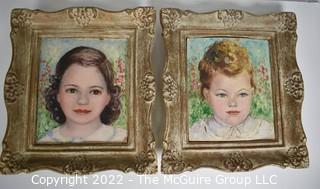 Pair of Original Amatuer Oil on Board Portraits of a Boy and Girl. 