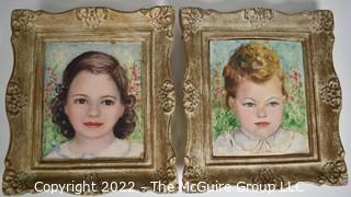 Pair of Original Amatuer Oil on Board Portraits of a Boy and Girl. 