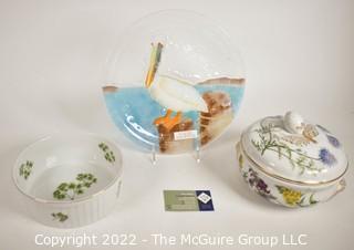 Selection of Glass and Porcelin Items Including Fused Glass Pelican Plate, Covered SPODE Casserole and Serving Dish