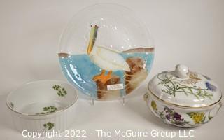 Selection of Glass and Porcelin Items Including Fused Glass Pelican Plate, Covered SPODE Casserole and Serving Dish