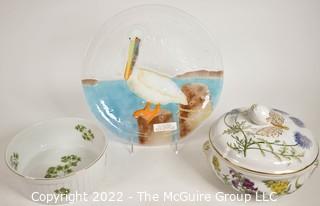 Selection of Glass and Porcelin Items Including Fused Glass Pelican Plate, Covered SPODE Casserole and Serving Dish