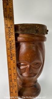 Primitive Hide and Carved Wood Figural Two Face Drum.