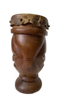 Primitive Hide and Carved Wood Figural Two Face Drum.