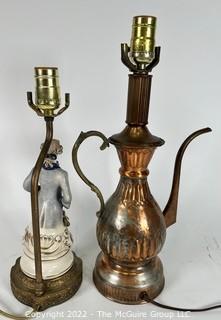 Two (2) Table Lamps - Copper Coffee Pot and Figural Porcelain