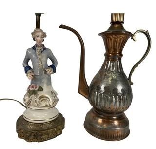 Two (2) Table Lamps - Copper Coffee Pot and Figural Porcelain