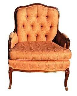 Salmon Pink Damask Upholstered Bergere Salon Chair. One of Pair. 28"w x 35"T x 21"D.