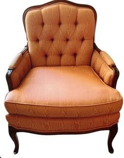 Salmon Pink Damask Upholstered Bergere Salon Chair. One of Pair. 28"w x 35"T x 21"D.