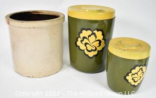 Crockery Pot And Two Lidded Canisters 