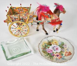 Hand Painted Wood Horse and Cart Souvenir from Italy, Crystal Ashtray and Porcelain Plate