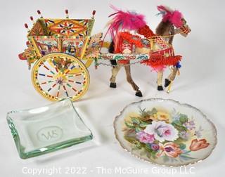 Hand Painted Wood Horse and Cart Souvenir from Italy, Crystal Ashtray and Porcelain Plate