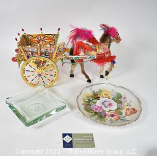 Hand Painted Wood Horse and Cart Souvenir from Italy, Crystal Ashtray and Porcelain Plate