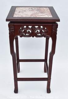 Asian Style Carved Wood Table or Plant Stand with Marble Top. 