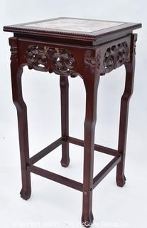 Asian Style Carved Wood Table or Plant Stand with Marble Top. 