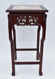 Asian Style Carved Wood Table or Plant Stand with Marble Top. 