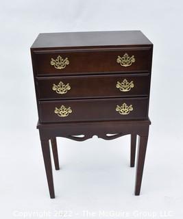 Three (3) Drawer Felt Lined Silverware Chest on Legs Made by Bombay Company. 12 x 20 x 32"T