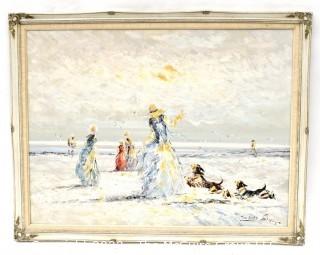 Framed Oil on Canvas Original of Women on Beach Signed by Artist. 39" x 53".